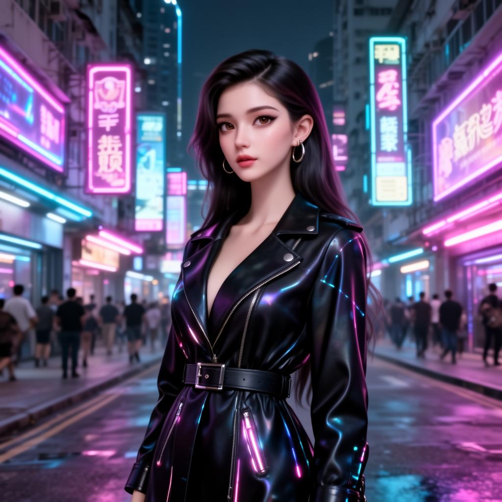 Stylish AI-generated virtual influencer in neon-lit Hong Kong street scene