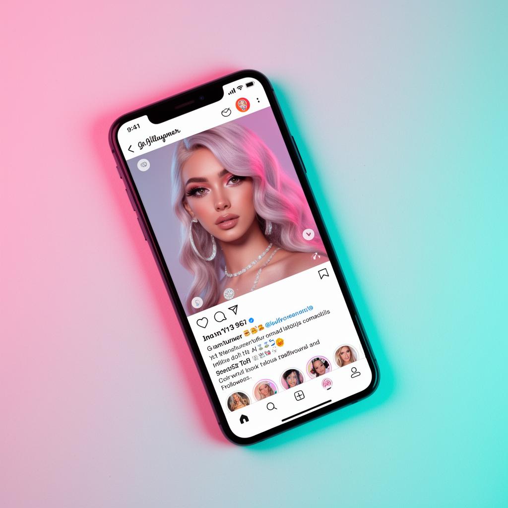 Smartphone showing a glamorous AI virtual influencer profile