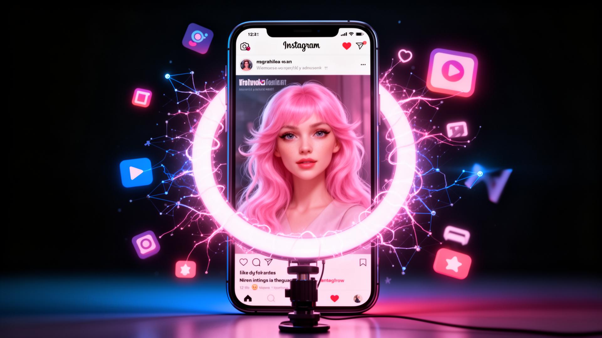 A pink-haired AI-generated virtual influencer displayed on a smartphone surrounded by glowing neural network lines and social media icons
