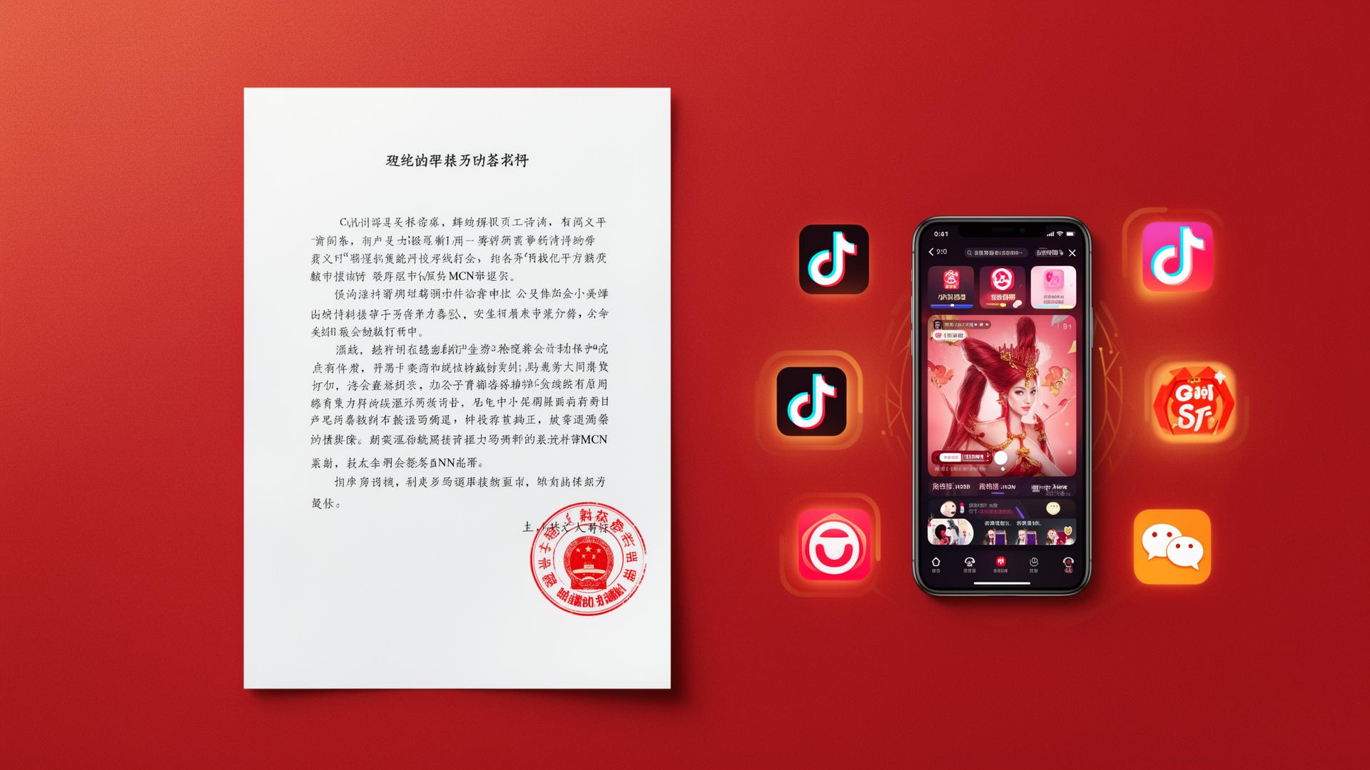 Editorial illustration of a Chinese regulatory document with red official seal beside a livestream commerce smartphone surrounded by Douyin, Xiaohongshu and WeChat-style app icons