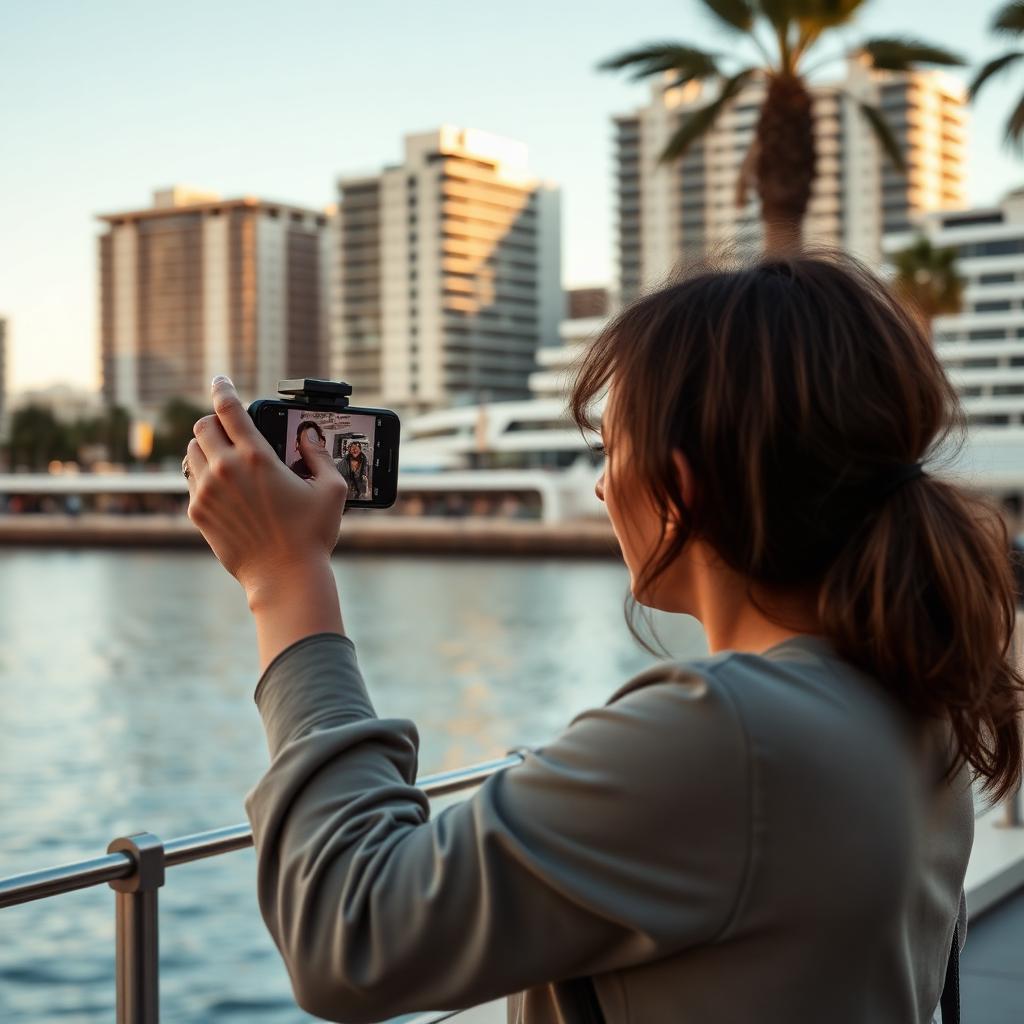 A content creator filming a vertical phone video on the Croisette in Cannes