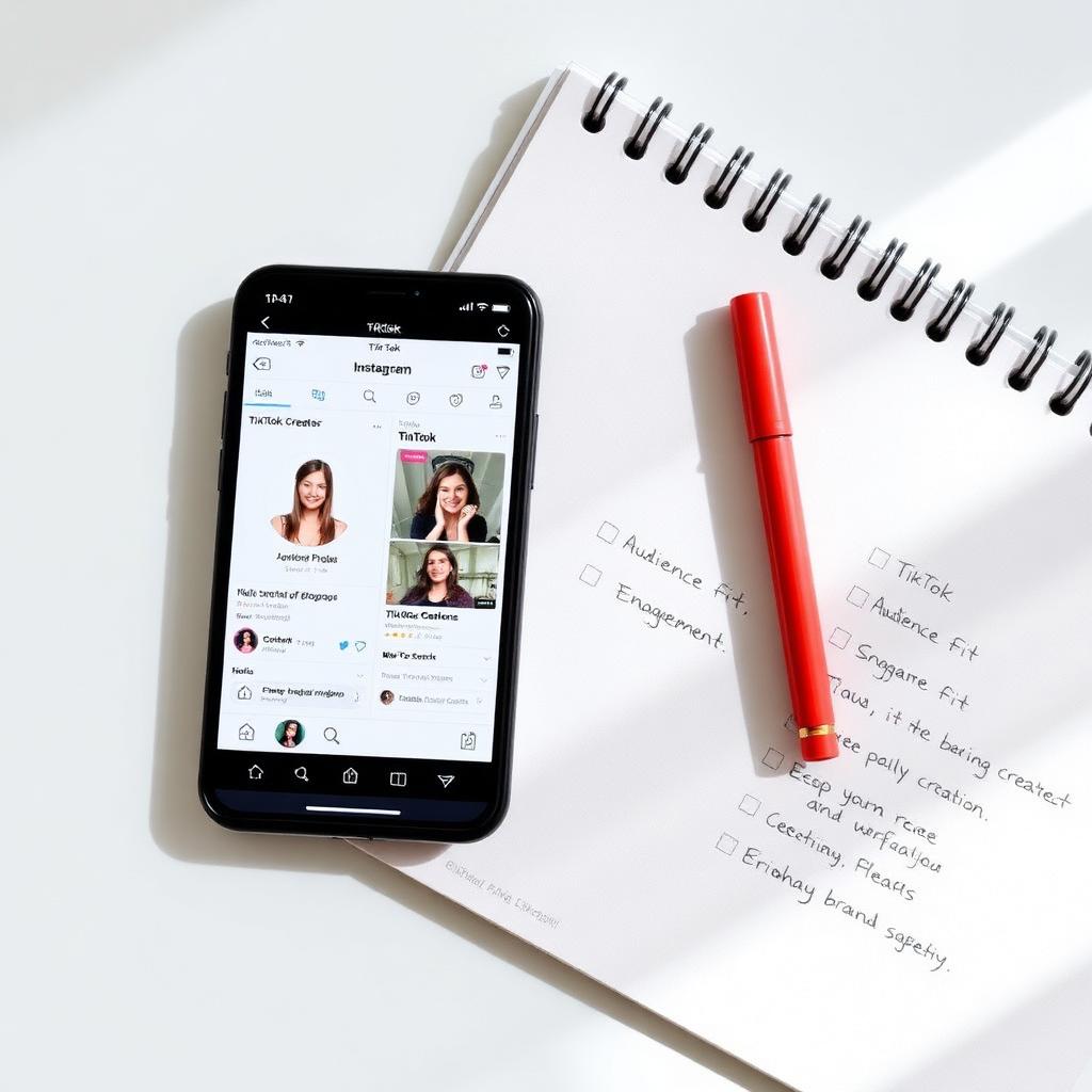 Smartphone showing creator profiles next to a notebook with audience fit, engagement and brand safety checklist