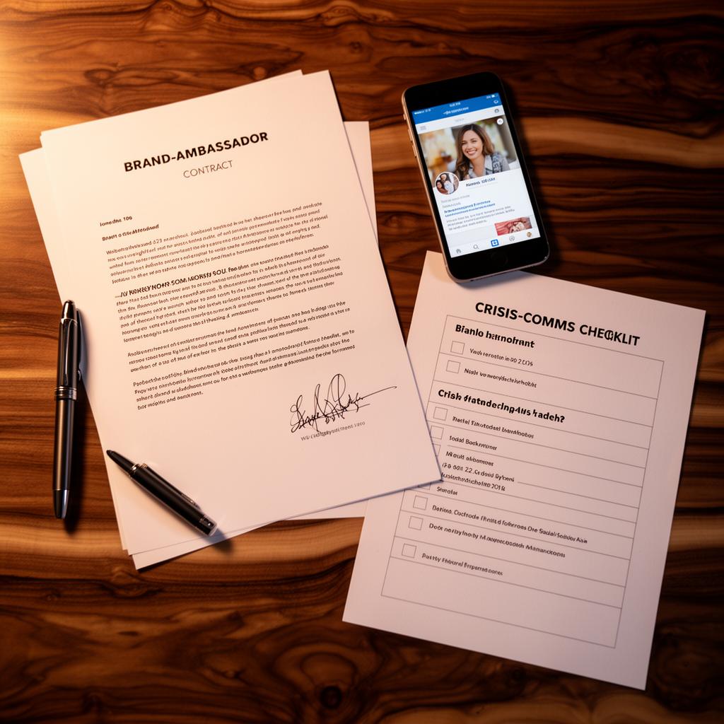 Brand-ambassador contract, pen, smartphone and crisis-comms checklist on a wooden desk