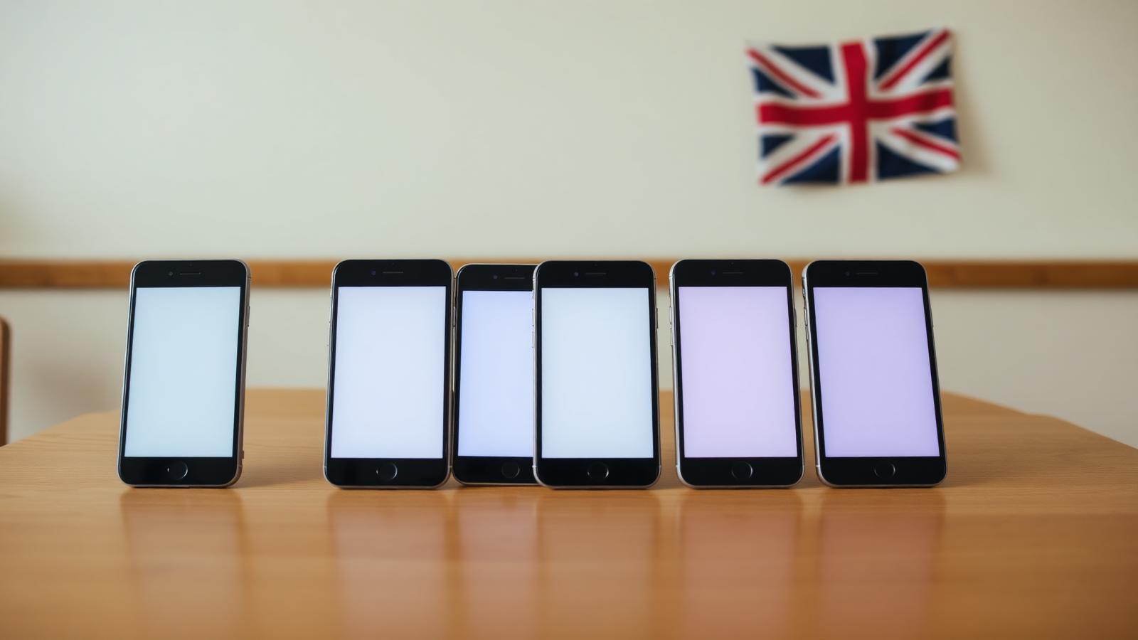 A row of smartphones lined up on a wooden desk in front of a UK flag, symbolising the British under-16 social media ban.