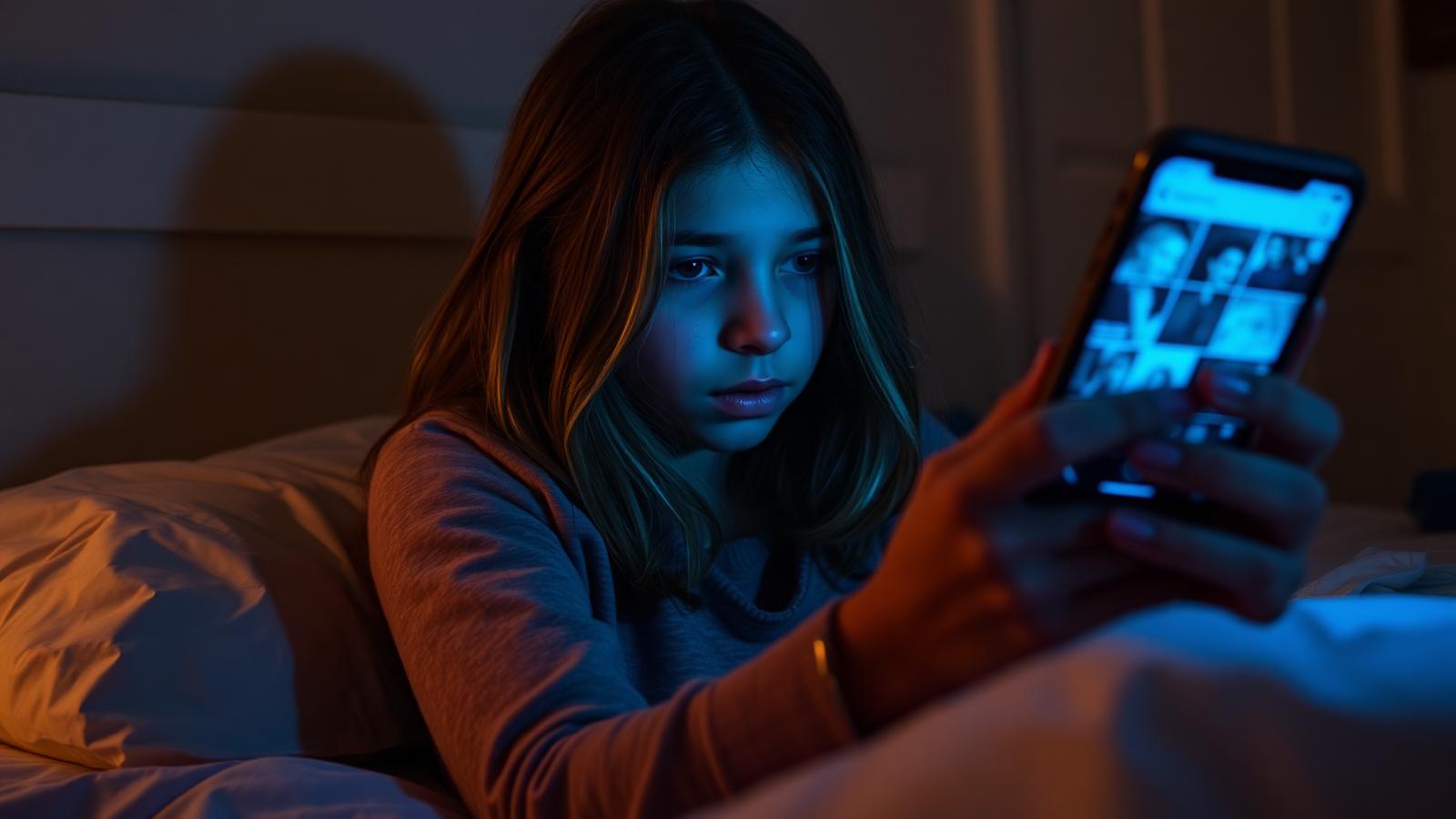 A teenage girl scrolling through social media in a dimly lit bedroom, illuminated by the blue glow of her smartphone.